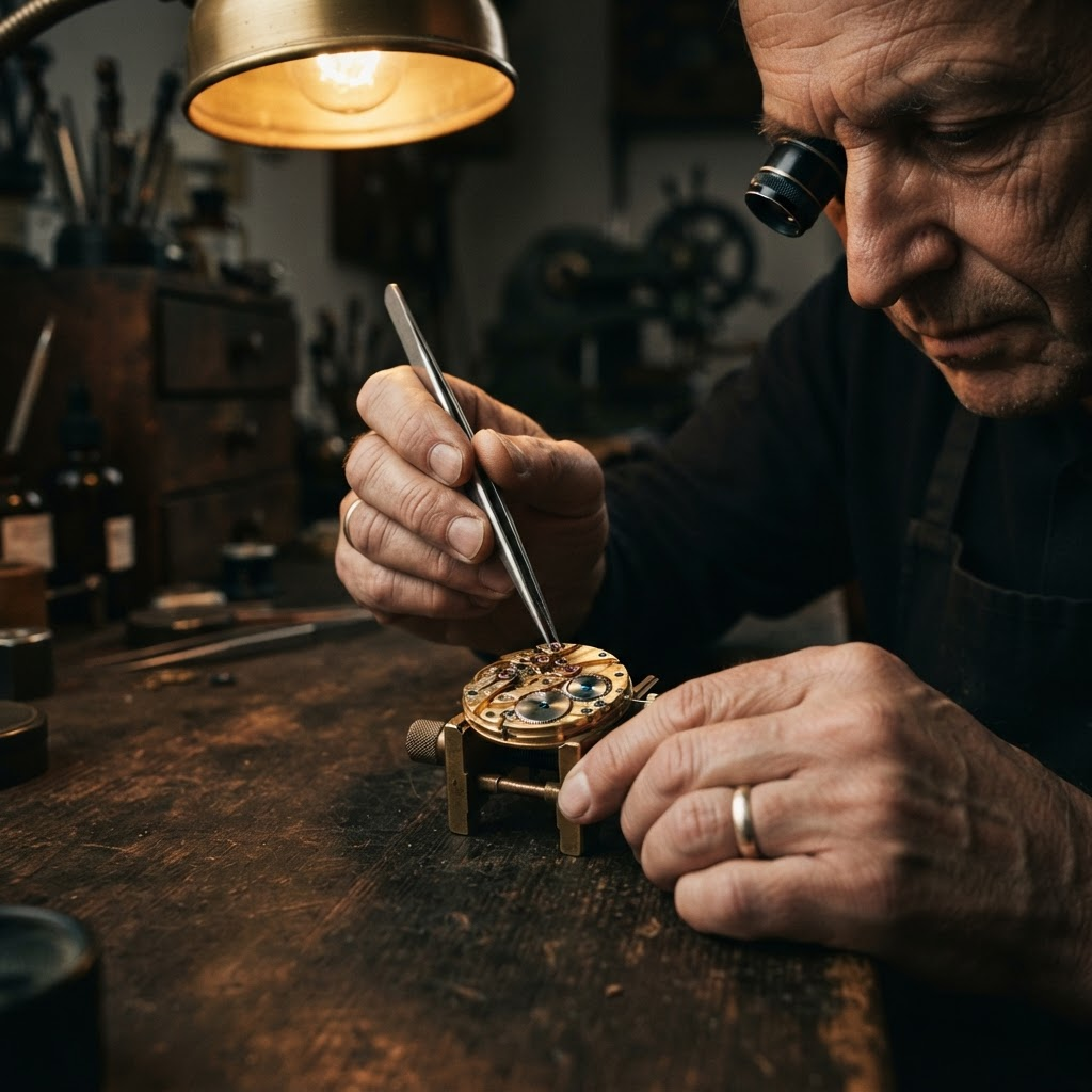 A CHRONOS master watchmaker assembling a movement by hand