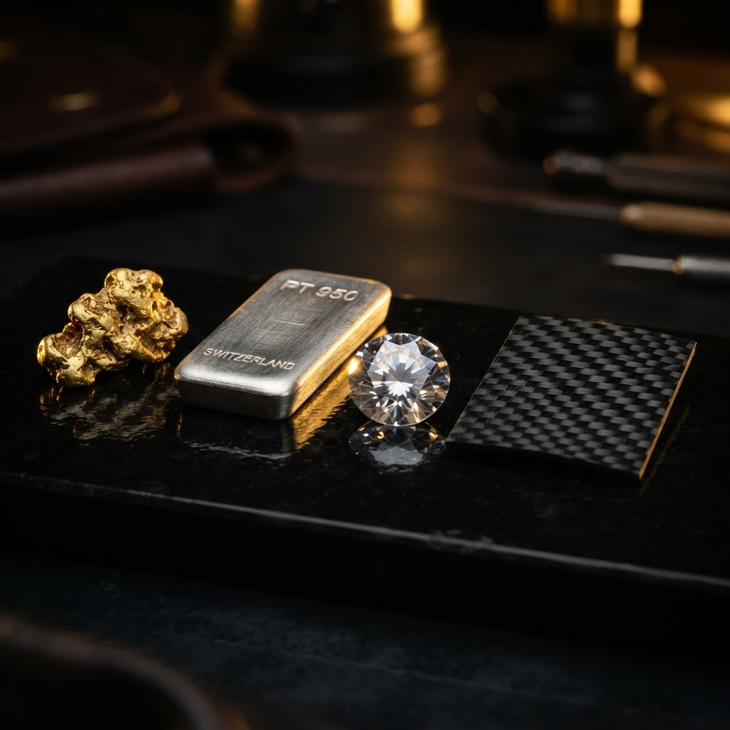 Raw luxury watchmaking materials: gold, platinum, sapphire and carbon fiber